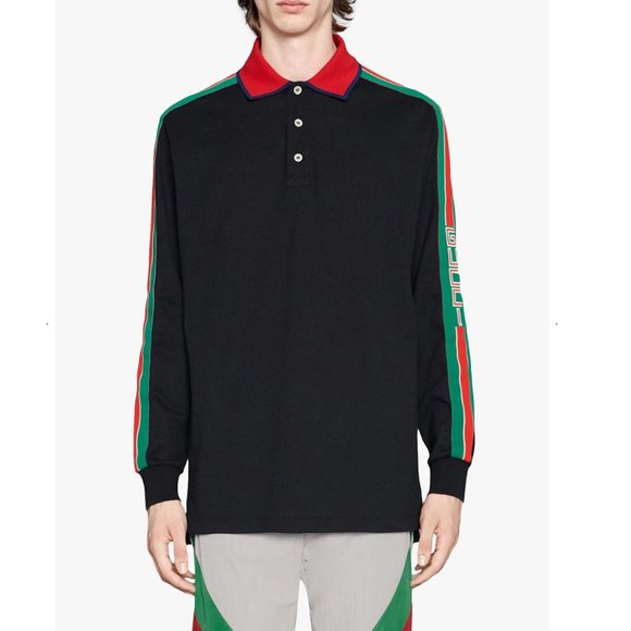 New with tags Gucci Web-stripe Detail Long Sleeve Polo in Black - Picture 2 of 9